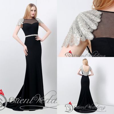 Sexy Hollow Cap Sleeve dla kobiet długie czarne suknie wieczorowe