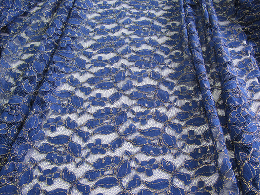 Royal Blue Cotton Nylon Gold Metalik Crochet Koronkowa tkanina na podwórku