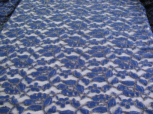 Royal Blue Cotton Nylon Gold Metalik Crochet Koronkowa tkanina na podwórku